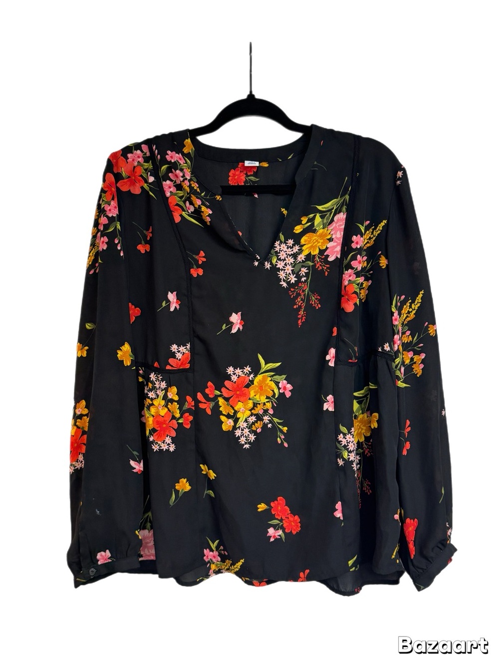 Old Navy Floral V-Neck Black Blouse Shirt XL